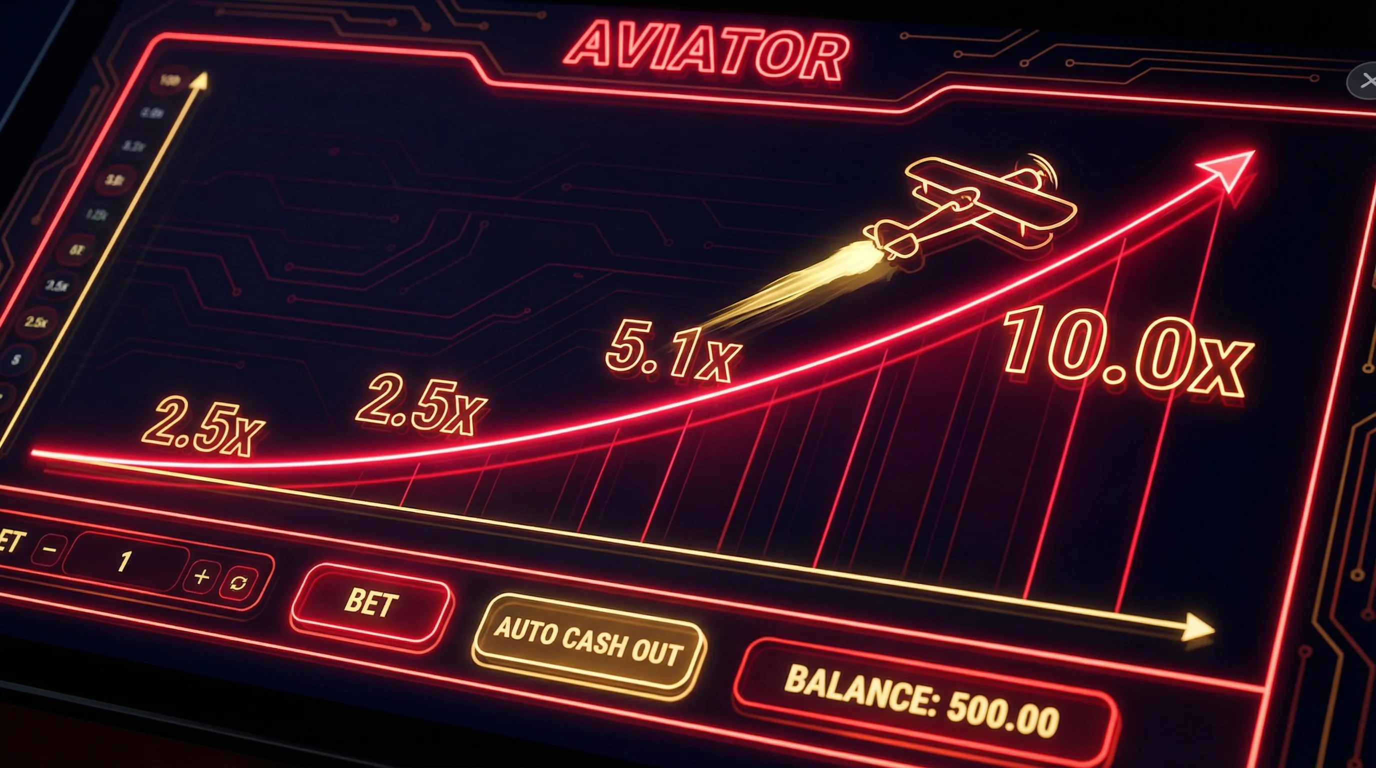 Juego Aviator con avión subiendo y multiplicador creciente