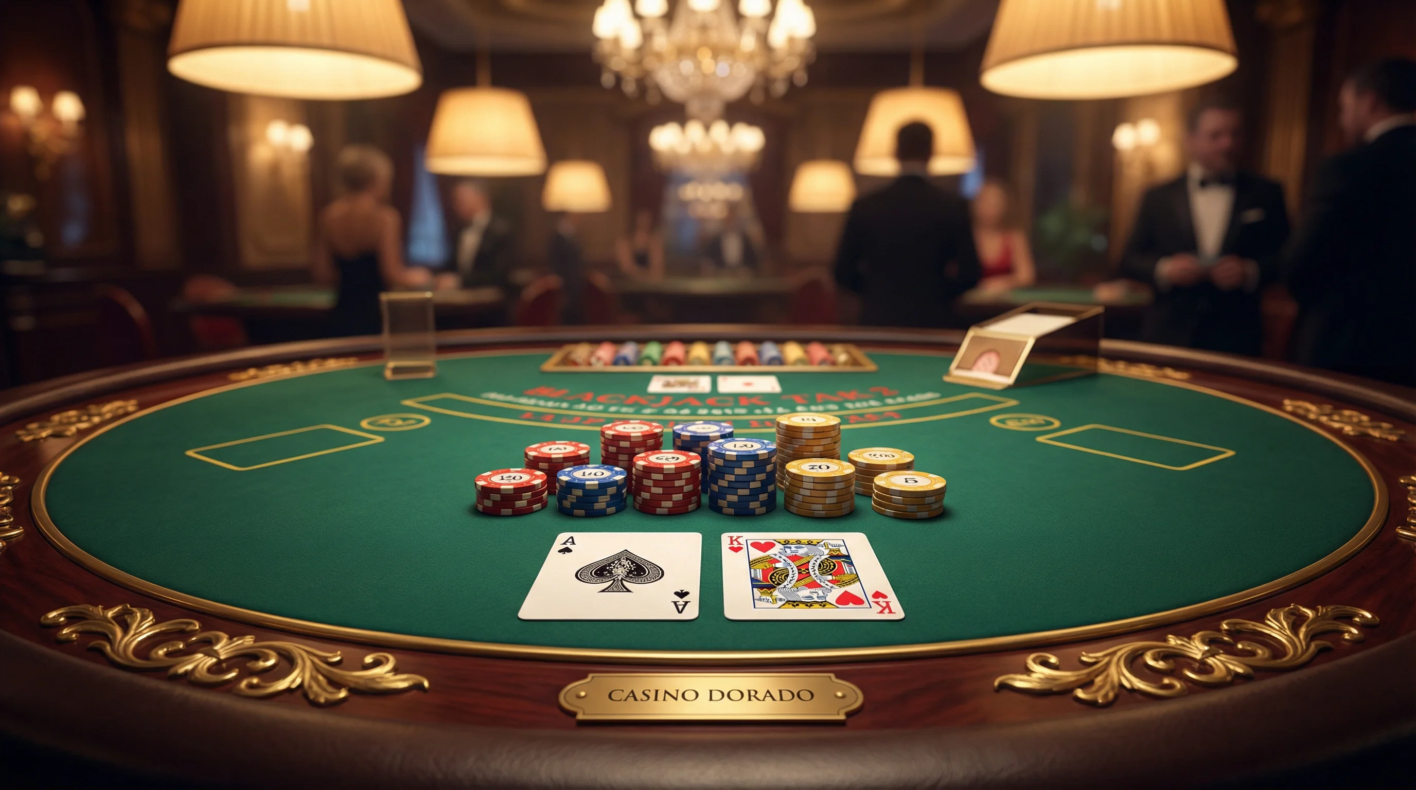 Mesa de blackjack elegante con cartas y fichas de casino